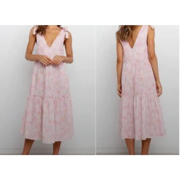 Petal + Pup Pink Floral Midi Dress ruffle Cottagecore Sundress Pockets S/4 - Picture 1 of 9